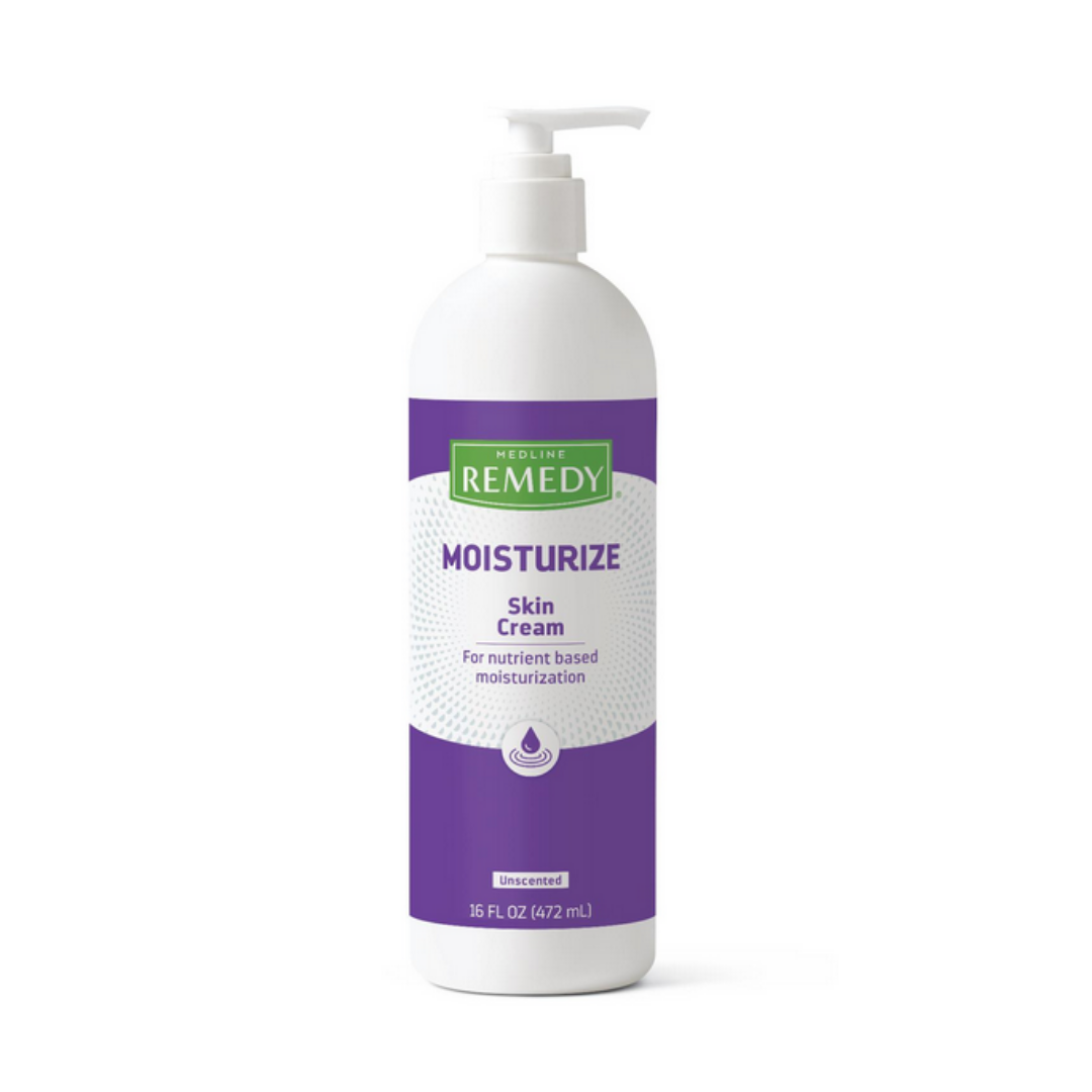 A 16 fl oz (472 mL) white pump bottle of Medline Remedy Clinical Skin Cream - Full Body Lotion with a purple label, provides long-lasting, nutrient-based hydration and unscented comfort for full body moisturization.